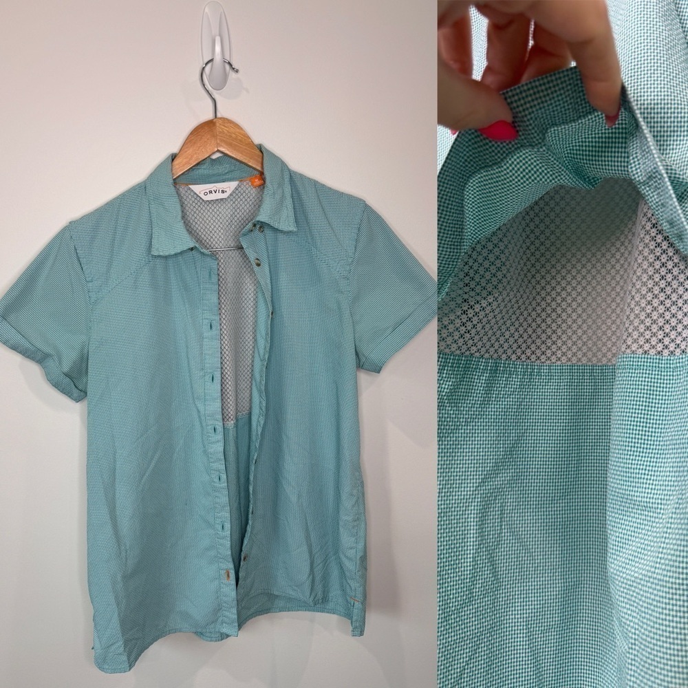 Orvis Checkered Turquoise Short Sleeve Men’s Button Up Shirt (M)